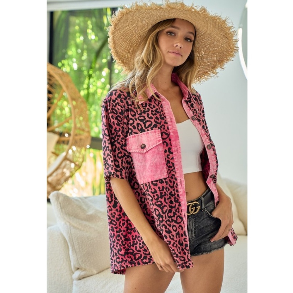 BiBi-Pink Leopard Print Mineral Wash Shirt - Picture 2 of 7